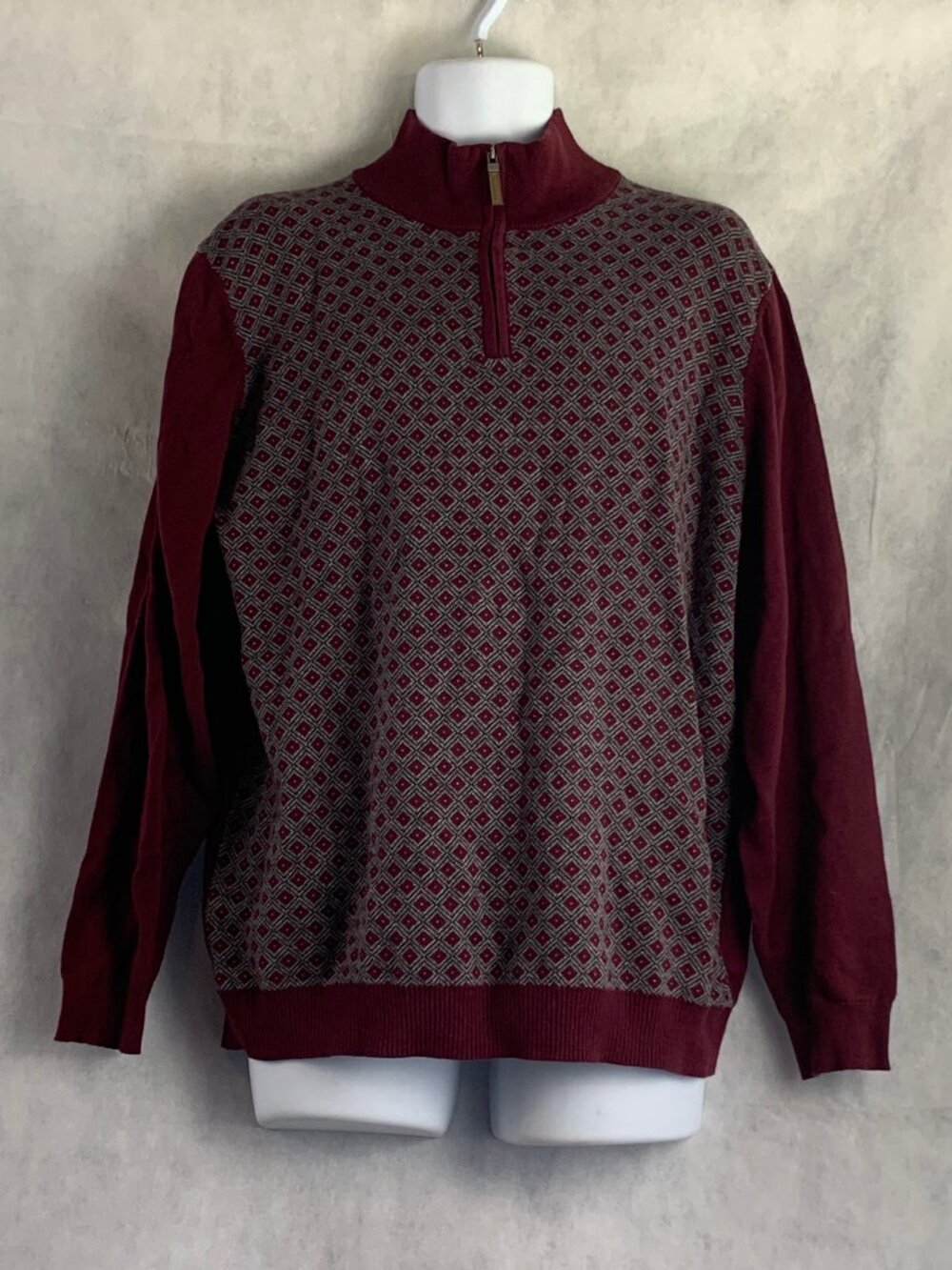 Tasso Elba Men's 100% Cotton 1/4 Zip Pullover Sweater, Dark Red Geometric, XL